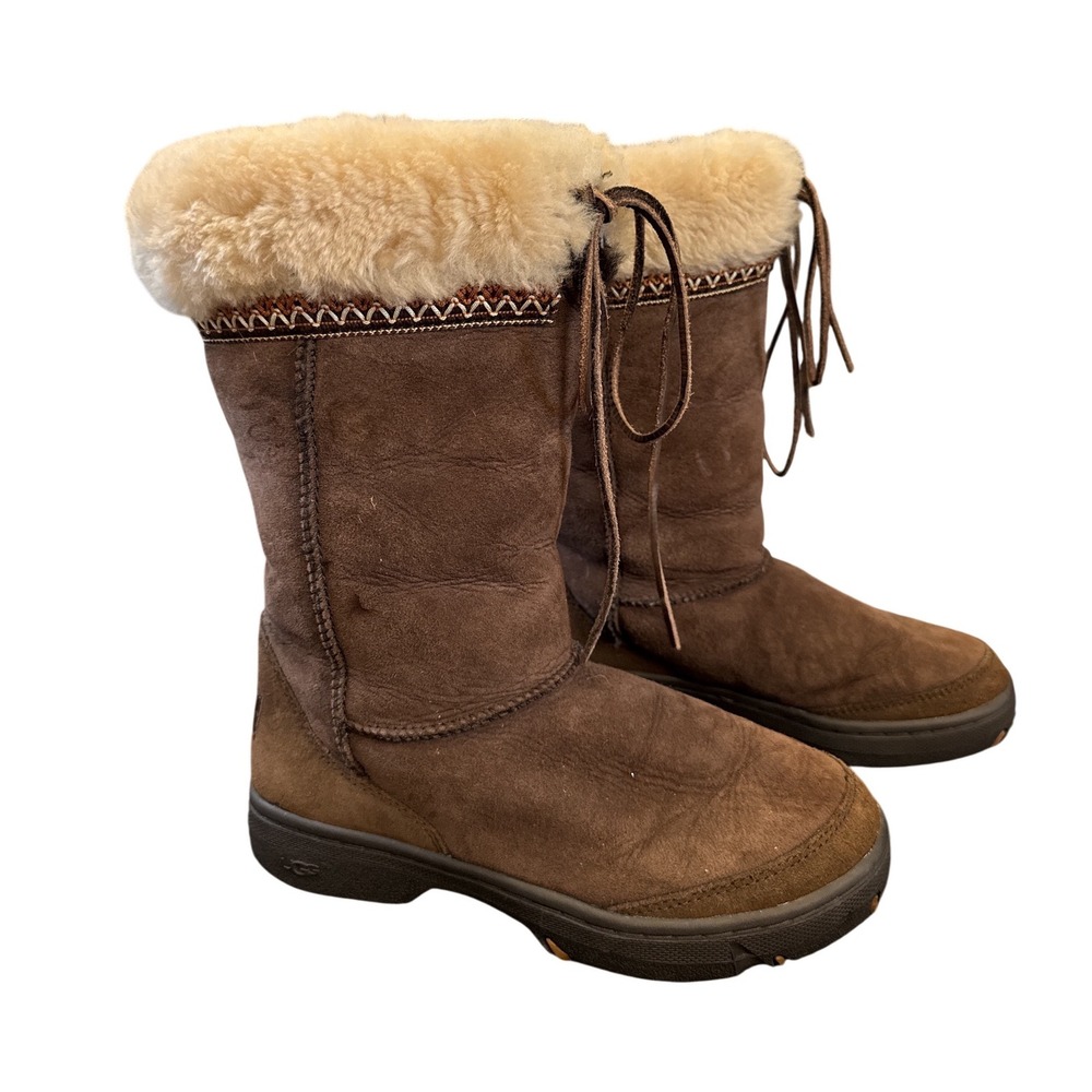 UGG Australia Sunburst Tall Boots Women Size 7 Brown Sheepskin Suede S/N 5273